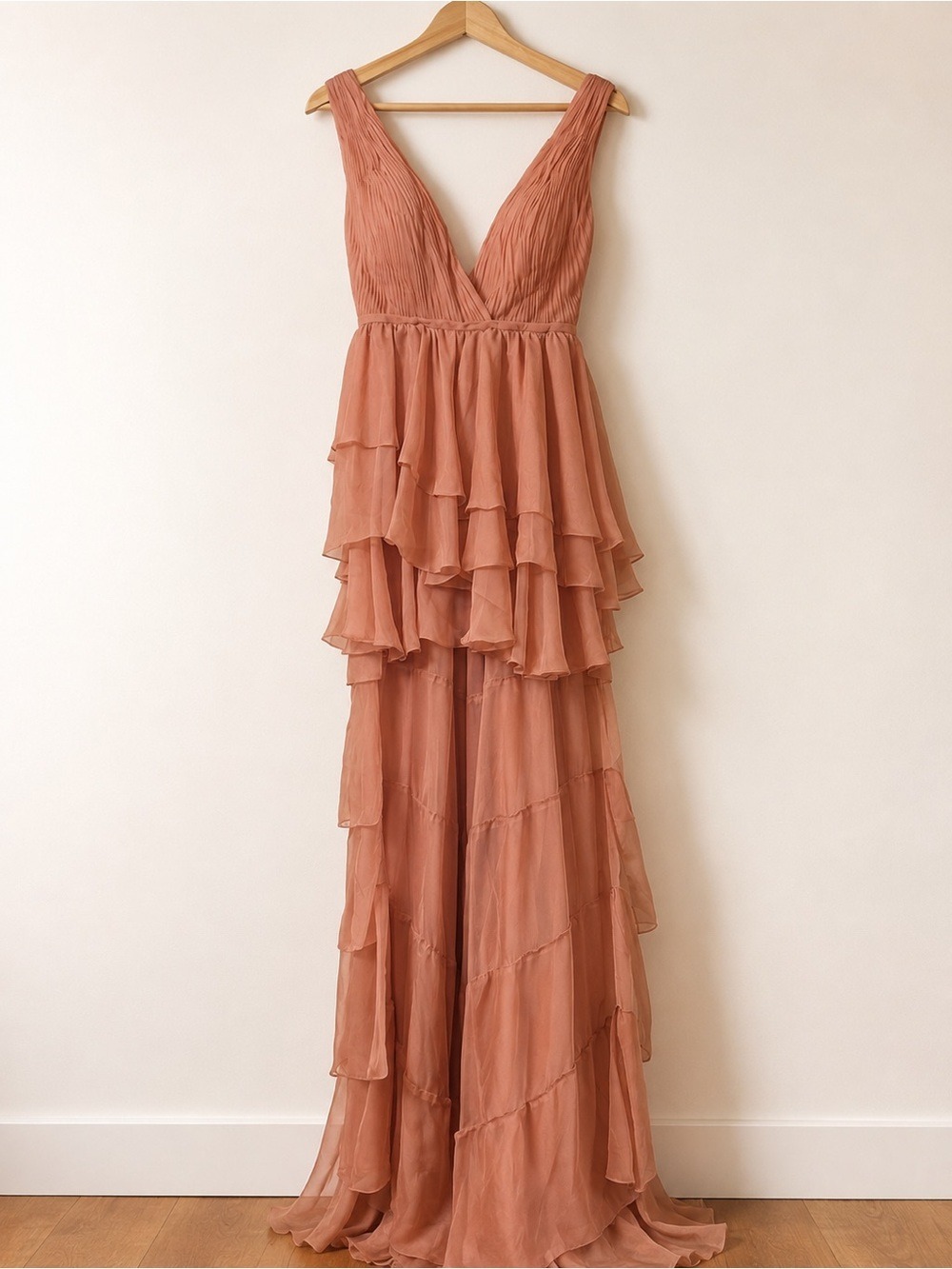 NWT Ieena Mac Duggal 55320 Rosewood Hi Low Tiered Chiffon Gown Sz 4 - Picture 3 of 11